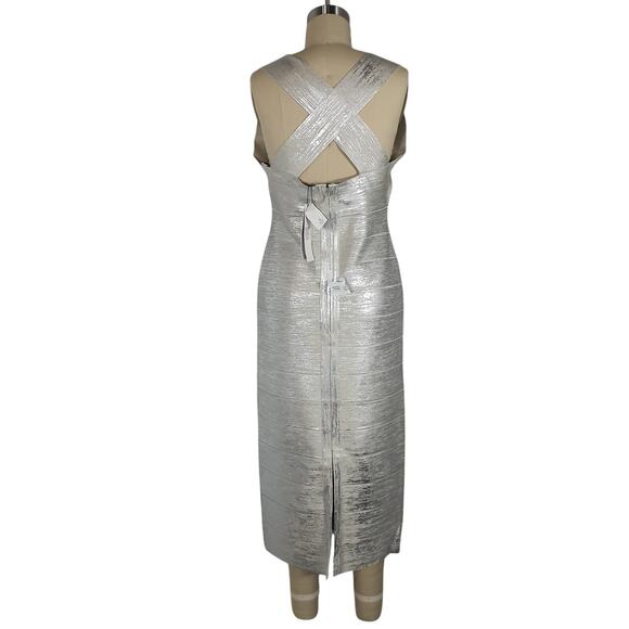 Herve Leger Sleek Silver Halter Crossback Midi Size L Dress NWT - Picture 3 of 5